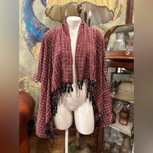 Umgee Burgundy Plaid Open-Front Kimono with Tassel Fringe